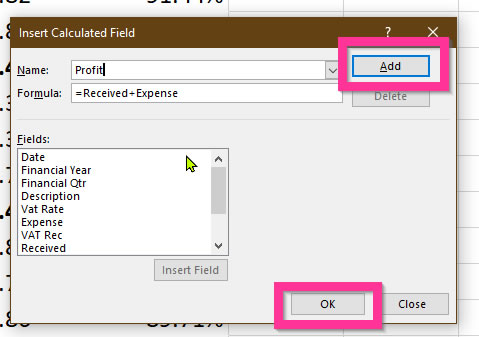 Add Calculated Field Pivot Table dialog box