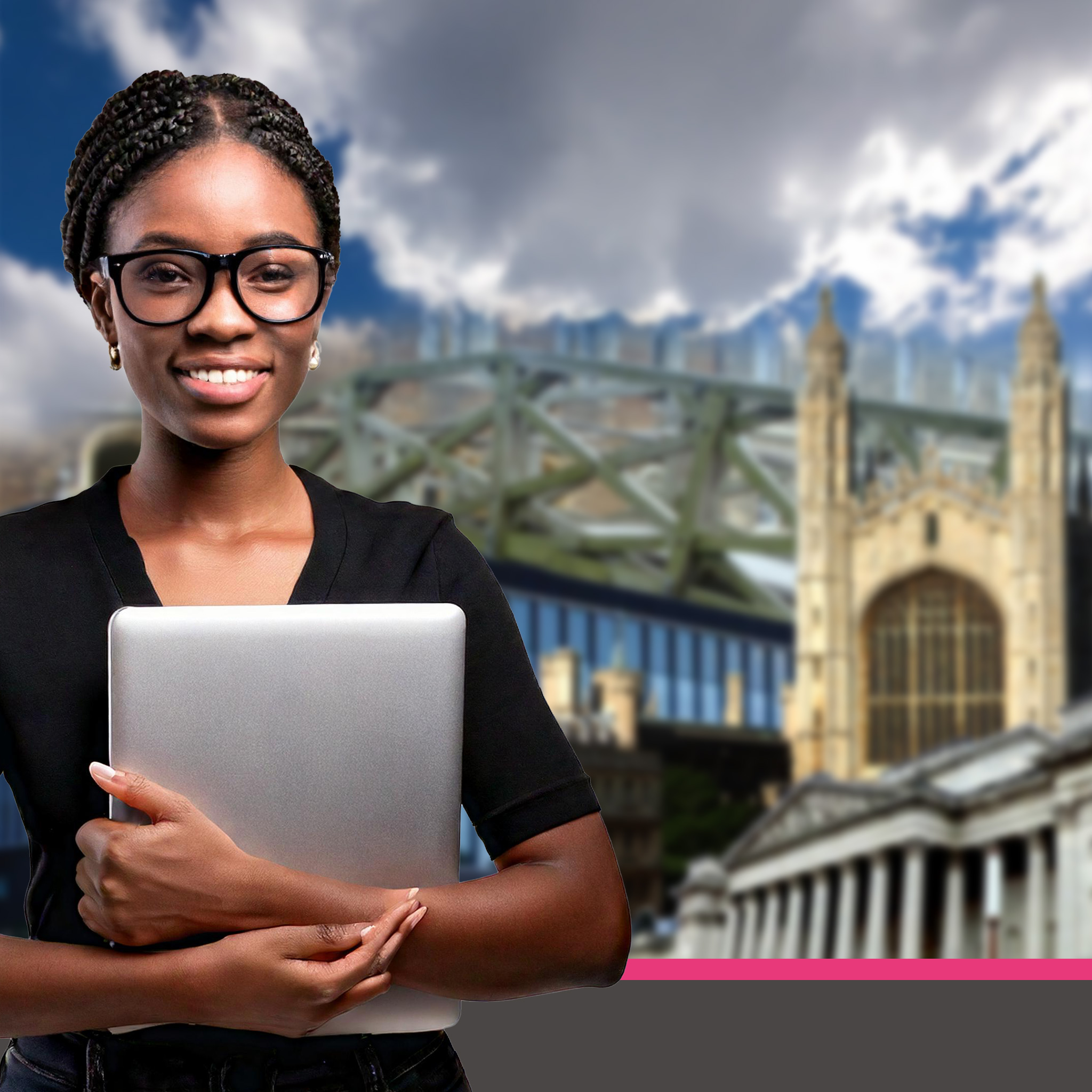 Woman standing before a montage of Cambridge that includes the mathematical bridge, Kings college chapel and the Fitzwilliam museum.