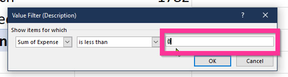 Filter Less that Zero in an Excel Pivot Table