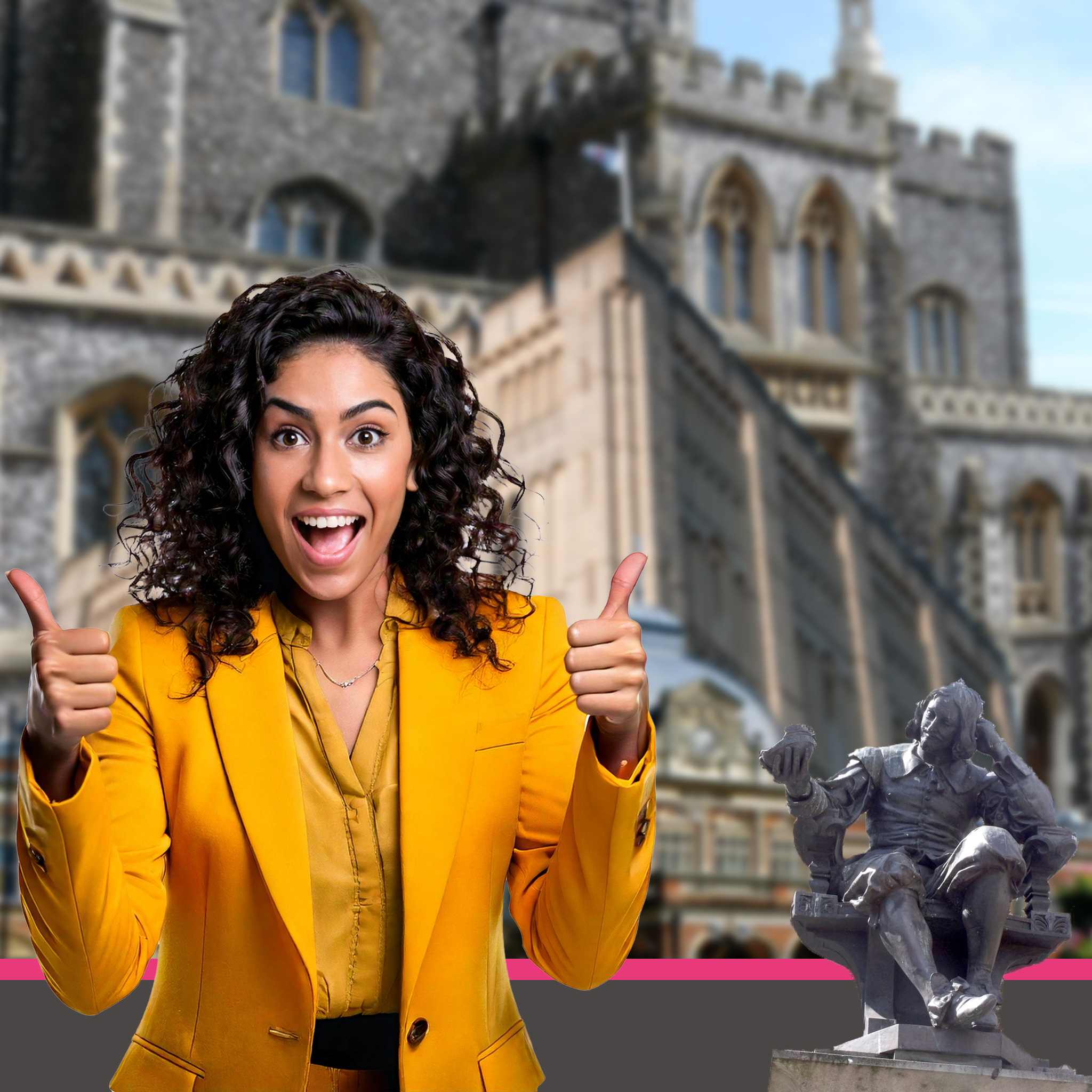 A montage of Norwich showing in the foreground is a women in yellow business dress holding up two thumbs. The background has the statue of Sir Thomas Browne, Norwich castle and the train station.