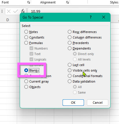 Remove blank rows goto special box with blanks selected