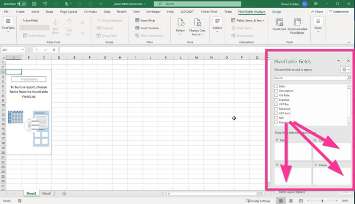 PivotTables fields with arrows indicating that you drag to the rows, columns and values boxes