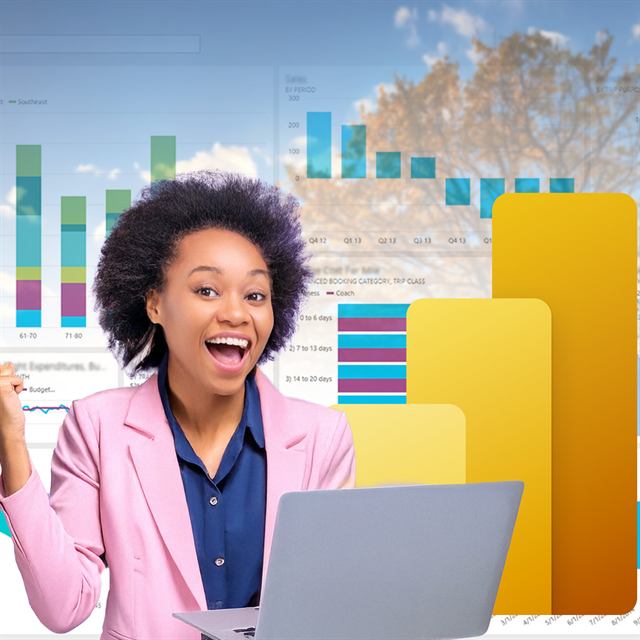 Power BI training montage with a business user, Power BI logo and dashboard