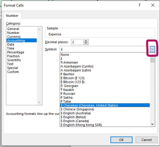 Change currency to any format drop down menu in Excel