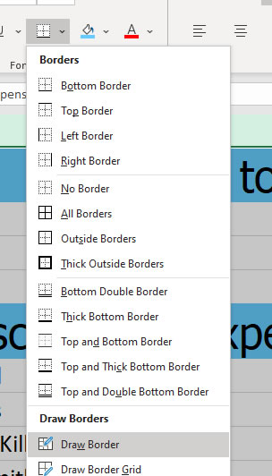 Drawing Lines in Excel - Draw Border Menu